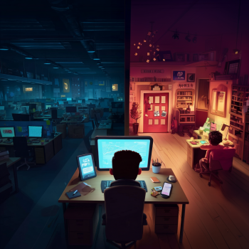 The image is split vertically: on the left, a dark, empty office with numerous computer screens glows blue, while on the right, a warm, well-lit home office shows a person working at a desk.